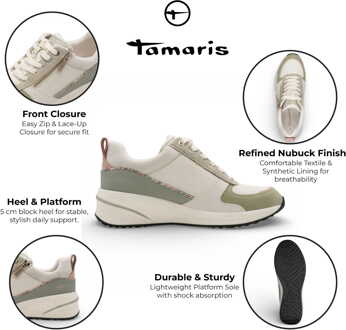 Tamaris dames witte en groene platform sneakers met ritssluiting en vetersluiting. - maat