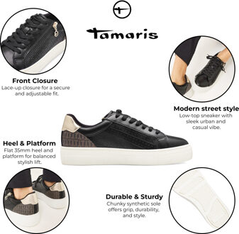 Tamaris Dames Zwart Goud Kunstleren Mode Veterschoenen - maat