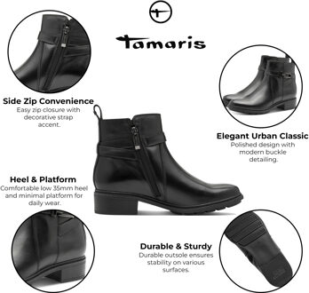 Tamaris Dames Zwarte Leren Biker Enkellaarsjes met Gesp en Rits - EU 41