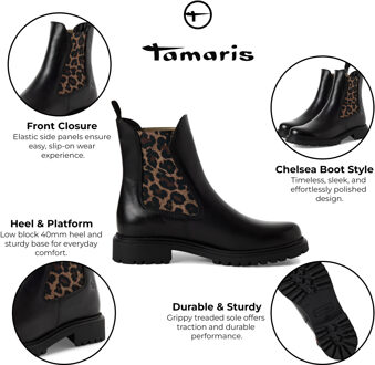 Tamaris Dames Zwarte Luipaard Leren Klassieke Hoge Chelsea Enkellaarsjes