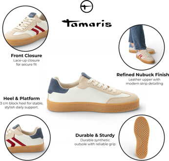 Tamaris heren sneakers van off-white leer met rode streep - maat EU 42 Gebroken wit