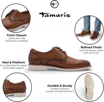 Tamaris herenschoenen van cognacbruin leer met gladde neus, elegante derbyschoenen - EU 42