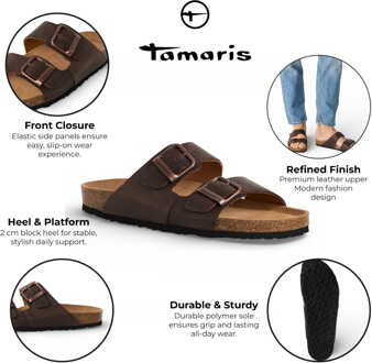 Tamaris herenslippers van bruin leer met instapzool en voetbed. Donker Bruin - EU 42
