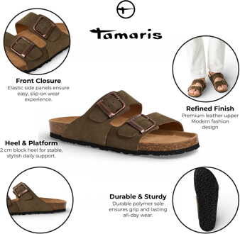 Tamaris herenslippers van olijfgroen leer met instapzool en voetbed. - EU 44