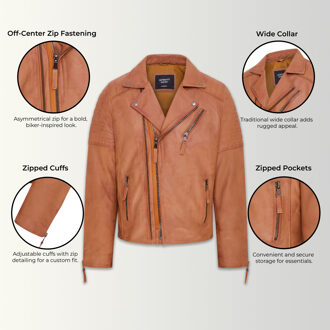 Tan Brando leren bikerjack met dubbele kruisrits voor heren - Fagernes Bruin - 4XL