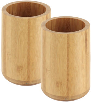 Tandenborstel beker/houder - 2x - bamboe - lichtbruin - hout look - rond - 8 x 11 cm