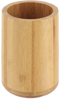 Tandenborstel beker/houder - bamboe - lichtbruin - hout look - rond - 8 x 11 cm