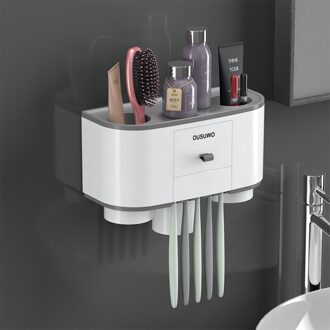 Tandenborstel Houder Automatische Tandpasta Dispenser Squeezer Voor Badkamer Opbergrek Muurbevestiging Badkamer Accessoires Set A-Three cups grijs