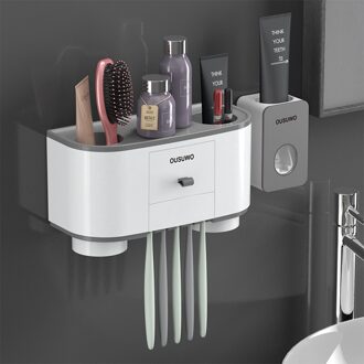 Tandenborstel Houder Automatische Tandpasta Dispenser Squeezer Voor Badkamer Opbergrek Muurbevestiging Badkamer Accessoires Set B-Two cups grijs