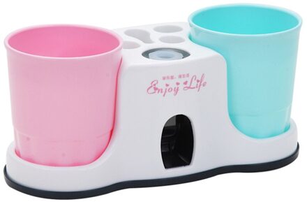 Tandenborstel Houders Automatische Tandpasta Dispenser Met 2 Gorgelen Cups Voor Badkamer AUG889 roze blauw