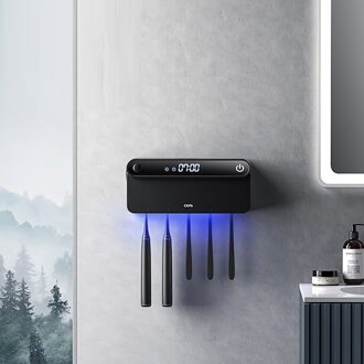 Tandenborstelhouder Led Display Uv Sterilisator Timming Desinfectie Opladen Wandmontage Automatische Tandpasta Dispenser Squeezer zwart