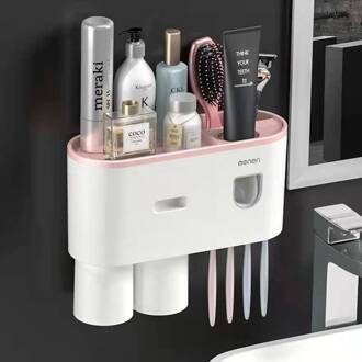 Tandenborstelhouder Muur Automatische Tandpasta Squeezer Dispenser Magnetische Adsorptie Omgekeerde Cup Opbergrek Badkamer Accessorie 2cup
