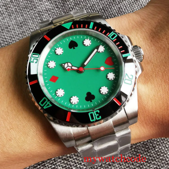 Tandorio Brand Green Sterile Dial Men's Automatic Watch Sapphire Glass MIYOTA 8215 Movement Oyster Bracelet Poker Pattern Marks