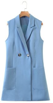 Tangada Vrouwen Blauw Lange Vest Vest Jas Met Knoppen Kantoor Dames Mouwloze Blazer Double Breasted Top QW22