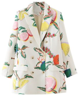 Tangada Vrouwen Fruit Print Blazer Jas Vintage Double Breasted Lange Mouwen Vrouwelijke Bovenkleding Chic Tops DA139