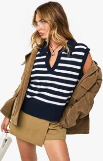 Tank Met Kraag En V-Hals, Gebreid En Gestreept, Navy - L