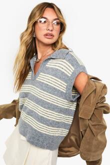 Tank Met Kraag, V-Hals, Gebreid En Dun Gestreept, Grey - S