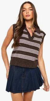 Tank Met Kraag, V-Hals, Gebreid, Met Dunne Strepen, Chocolate - L