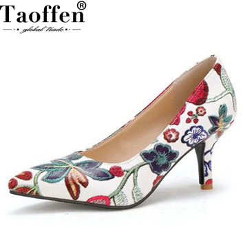 TAOFFEN Large Size 33-45 Women'S High Heels Pumps Embroidery Flowers Chinese Style Slip On Pointed Toe Pumps Shoes Women