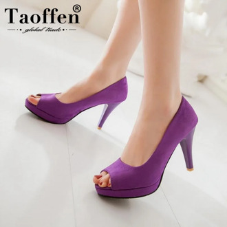 Taoffen Women Pumps Flock Leather High Heels Shoes Women Platform Peep Open Toe Slip On Heeled Shoes Sexy Party Shoes Size 33-43