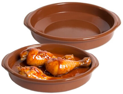 Tapas ovenschaal/serveerschaal - 2x - rond - Spaans terracotta/aardewerk - D26 x H6.5 cm