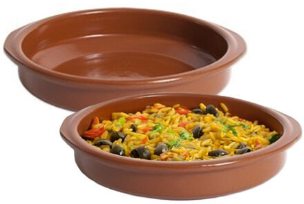 Tapas ovenschaaltje/serveerschaaltje - 2x - rond - Spaans terracotta/aardewerk - D18 x H4 cm