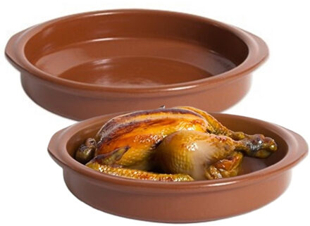Tapas ovenschaaltje/serveerschaaltje - 2x - rond - Spaans terracotta/aardewerk - D22 x H5 cm