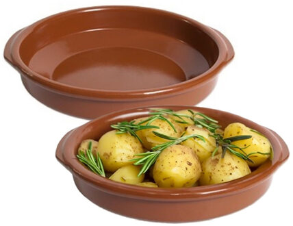 Tapas ovenschaaltje/serveerschaaltje - 2x - rond - Spaans terracotta/aardewerk - D24 x H5 cm