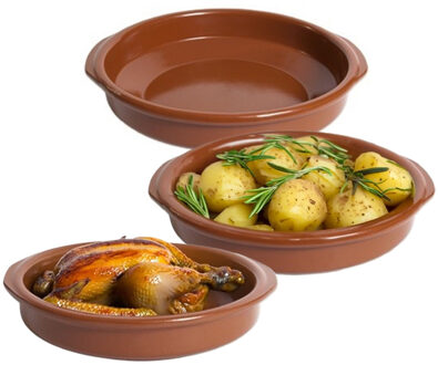 Tapas ovenschaaltje/serveerschaaltje - 3x - rond - Spaans terracotta/aardewerk - D24 x H5 cm