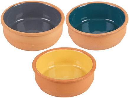 Tapas/sauzen/hapjes serveer schaaltjes set - 3x stuks - terracotta - 12 x 4 cm p/st - Snack en tapasschalen Multikleur