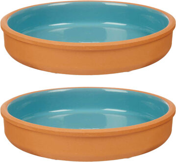 Tapas serveerschaal - 2x stuks - terracotta - blauw - D23 x H4 cm - hapjes serveren - ovenschaal - r