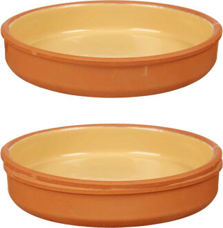 Tapas serveerschaal - 2x stuks - terracotta - geel - D23 x H4 cm - hapjes serveren - ovenschaal - ro