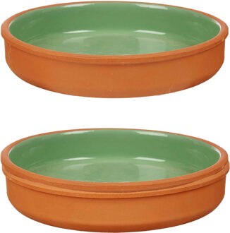 Tapas serveerschaal - 2x stuks - terracotta - groen - D23 x H4 cm - hapjes serveren - ovenschaal - r