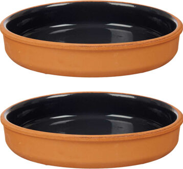 Tapas serveerschaal - 2x stuks - terracotta - zwart - D23 x H4 cm - hapjes serveren - ovenschaal - r