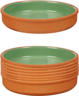 Tapas serveerschaal - 8x stuks - terracotta - groen - D23 x H4 cm - hapjes serveren - ovenschaal - r
