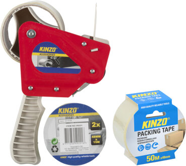 Tape/plakband houder - inclusief 3x rollen verpakking plakband van 15 meter - breedte 5 cm - Tape (klussen) Transparant