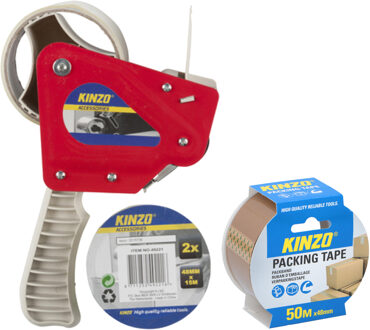 Tape/plakband houder - inclusief 3x rollen verpakking plakband van 15 meter - breedte 5 cm