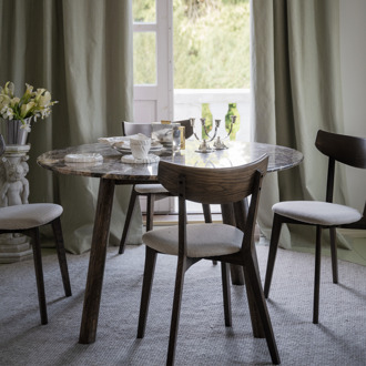 Taransay eikenhouten eettafel donker bruin - met bruin travertine tafelblad - Ø125 cm