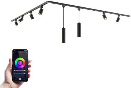 Taros Railverlichting Pakket - L-vorm - 4x 1 m rail - 6 railspots - 2 hanglamp - Incl. RGBWW GU10 - IP20 - Modulair - 230V Zwart