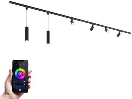 Taros Railverlichting Pakket - Recht - 2x 1,5 m rail - 4 railspots - 2 hanglamp - Incl. RGBWW GU10 - IP20 - Modulair - 230V Zwart