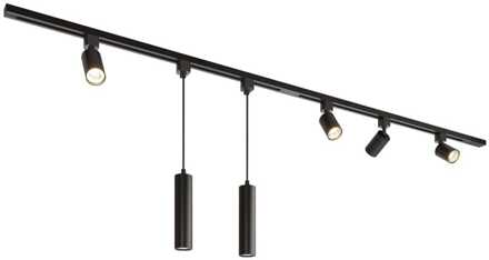 Taros Railverlichting Pakket - Recht - 2x 1 m rail - 4 railspots - 2 hanglamp - Incl. 2700K GU10 - IP20 - Modulair - 230V Zwart