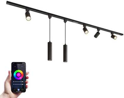 Taros Railverlichting Pakket - Recht - 2x 1 m rail - 4 railspots - 2 hanglamp - Incl. RGBWW GU10 - IP20 - Modulair - 230V Zwart