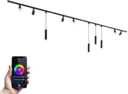 Taros Railverlichting Pakket - Recht - 4x 1 m rail - 6 railspots - 4 hanglamp - Incl. RGBWW GU10 - IP20 - Modulair - 230V Zwart