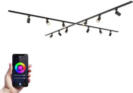 Taros Railverlichting Pakket - X-vorm - 4x 1,5m rail - 12 railspots - Incl. RGBWW GU10 - IP20 - Modulair - 230V Zwart
