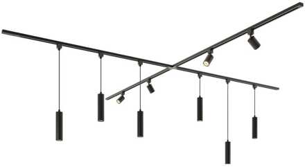 Taros Railverlichting Pakket - X-vorm - 4x 1,5m rail - 4 railspots - 6 hanglamp - Incl. 2700K GU10 - IP20 - Modulair - 230V Zwart