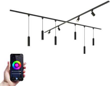 Taros Railverlichting Pakket - X-vorm - 4x 1,5m rail - 4 railspots - 6 hanglamp - Incl. RGBWW GU10 - IP20 - Modulair - 230V Zwart