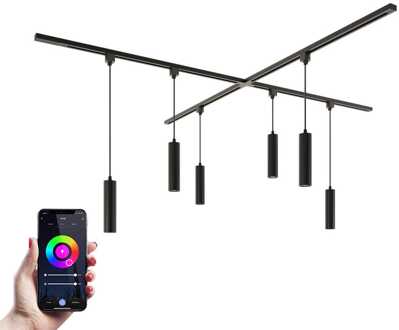 Taros Railverlichting Pakket - X-vorm - 4x 1m rail - 6 hanglamp - Incl. RGBWW GU10 - IP20 - Modulair - 230V Zwart