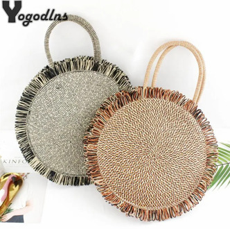 Tassel Handbag Straw Bags For Women Ladies Beach Hand-Woven Brand Bag Large Round Totes with Fringed Travel Shoulder Bags