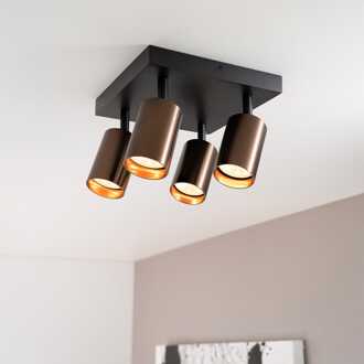 Taurus bronzo II II by LUSENZ - Vierkante 4-lichts plafondspot met kantelbare geborstelde bronzen spots en matzwarte basis Geborsteld brons