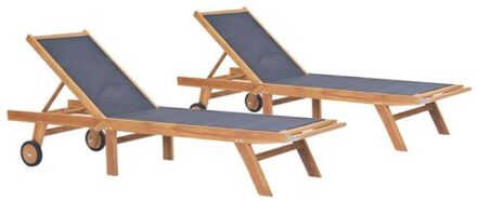 Teakhouten Ligstoelen - Set van 2 - Verstelbare Rugleuning - Inklapbaar - 206x60x35 cm Bruin